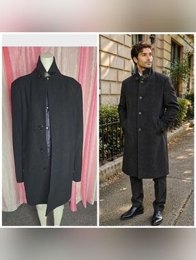Sam Edelman Navy Single Breasted Wool Coat Removable Bib Size Men's Medium 44